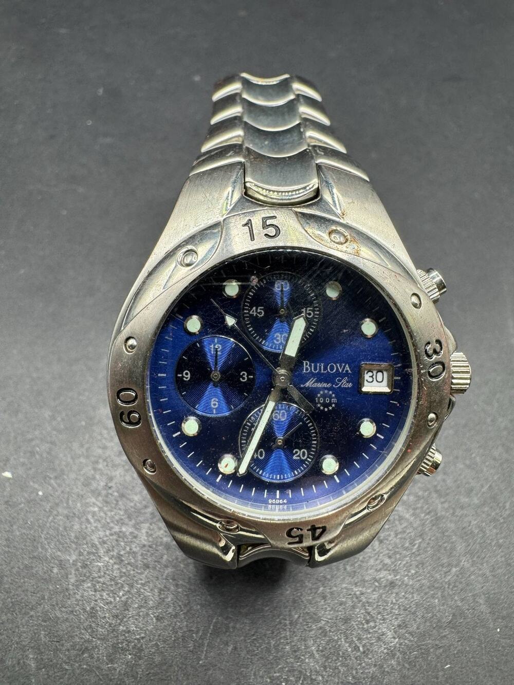 Bulova Marine Star 96B64 Chronograph Watch Stainless Steel Blue Dial Divers